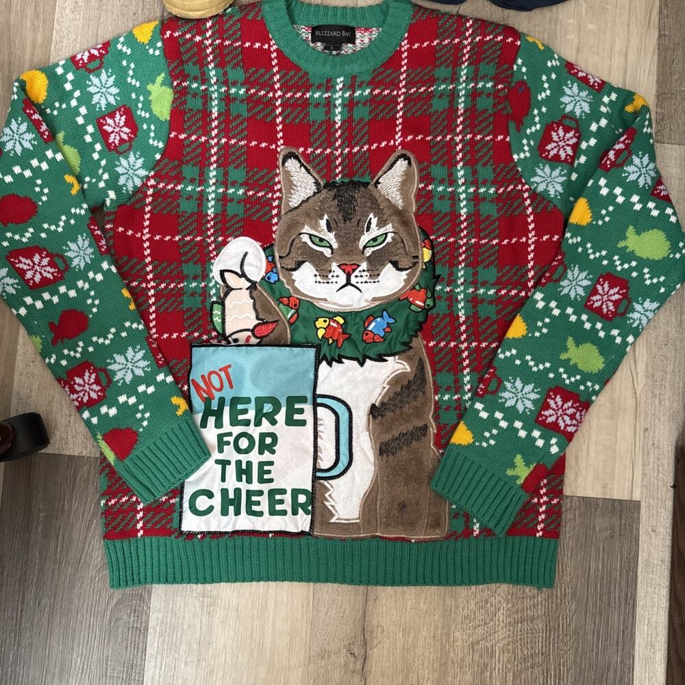 Blizzard Bay Ugly Christmas Sweater Womens Large Not Here For Cheer Funny Cat